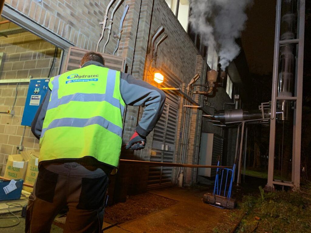 Outside industrial unit at night